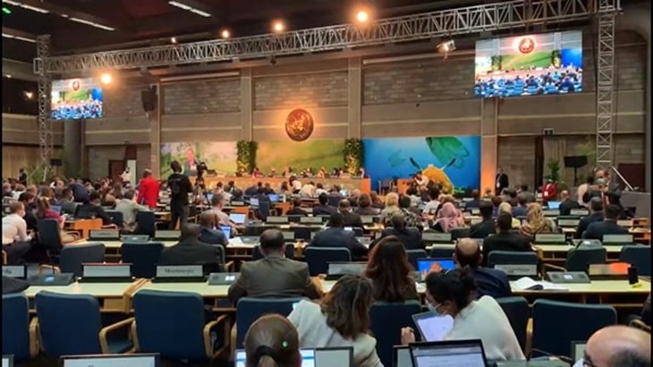 imagen de la asamblea de las naciones unidas para el medio ambiente UNEA 5 en el momento de la aprobación de la resolución